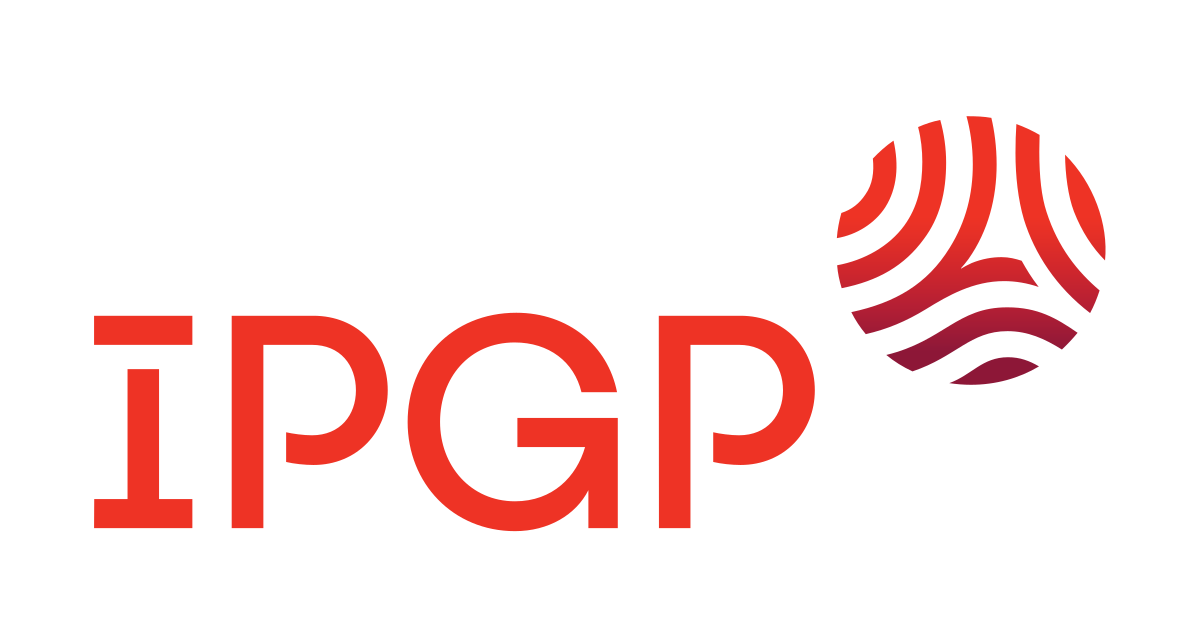 Logo de l'institut physique du globe de Paris représentant l'acronyme en lettre rouge avec en exposant un cercle formé d'autres cercles concentriques illustrant la tectonique des plaques
